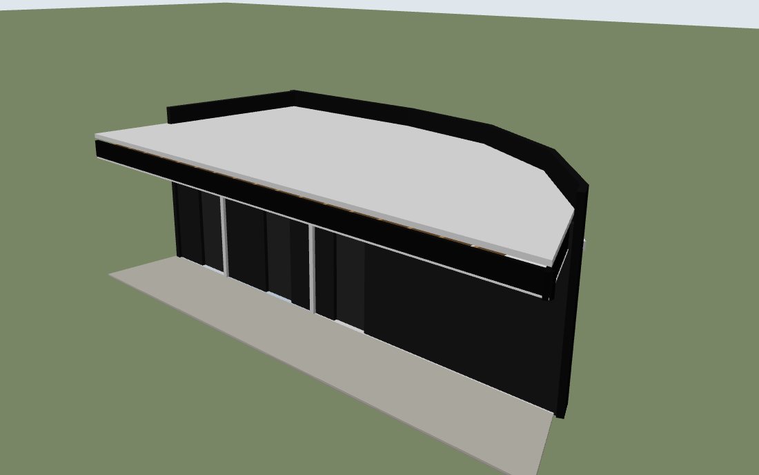 3D view of the Kiko Cove Phase 1 building with its cantilevered roof over an open walkway